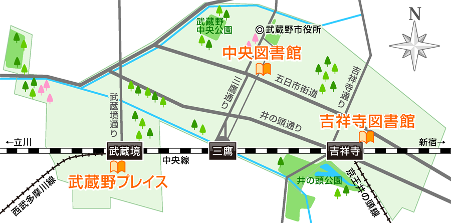 中央線武蔵境駅南側に武蔵野プレイス、三鷹駅北側に芸術劇場ブックポスト、武蔵野市役所そばに中央図書館、吉祥寺駅南側に吉祥寺東急REIホテルブックポスト、吉祥寺駅北側に吉祥寺図書館があります。
